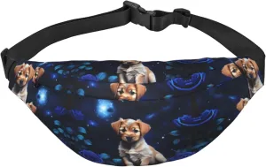 Puppy Blue Rose Print Large Crossbody Fanny Pack, Cute Waterproof Waist Pack Belt Bag For Men, Women, Stylish Running Accessory