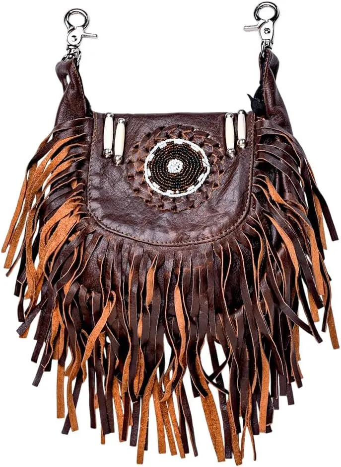 Pure Leather Crossbody Bags Hip Jeans Loop Belt Bag Braided Bead Hand Work Rodeo Hand Crafted Design Women Clipon Leather Fanny Pack for Women Brown Fur Fringe Made In Pakistan