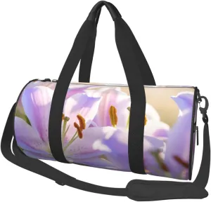 Purple Lily Flowers Print Round Large Capacity Travel Luggage Bags,Men's and Women's Hand-Held Travel Clothing Bags