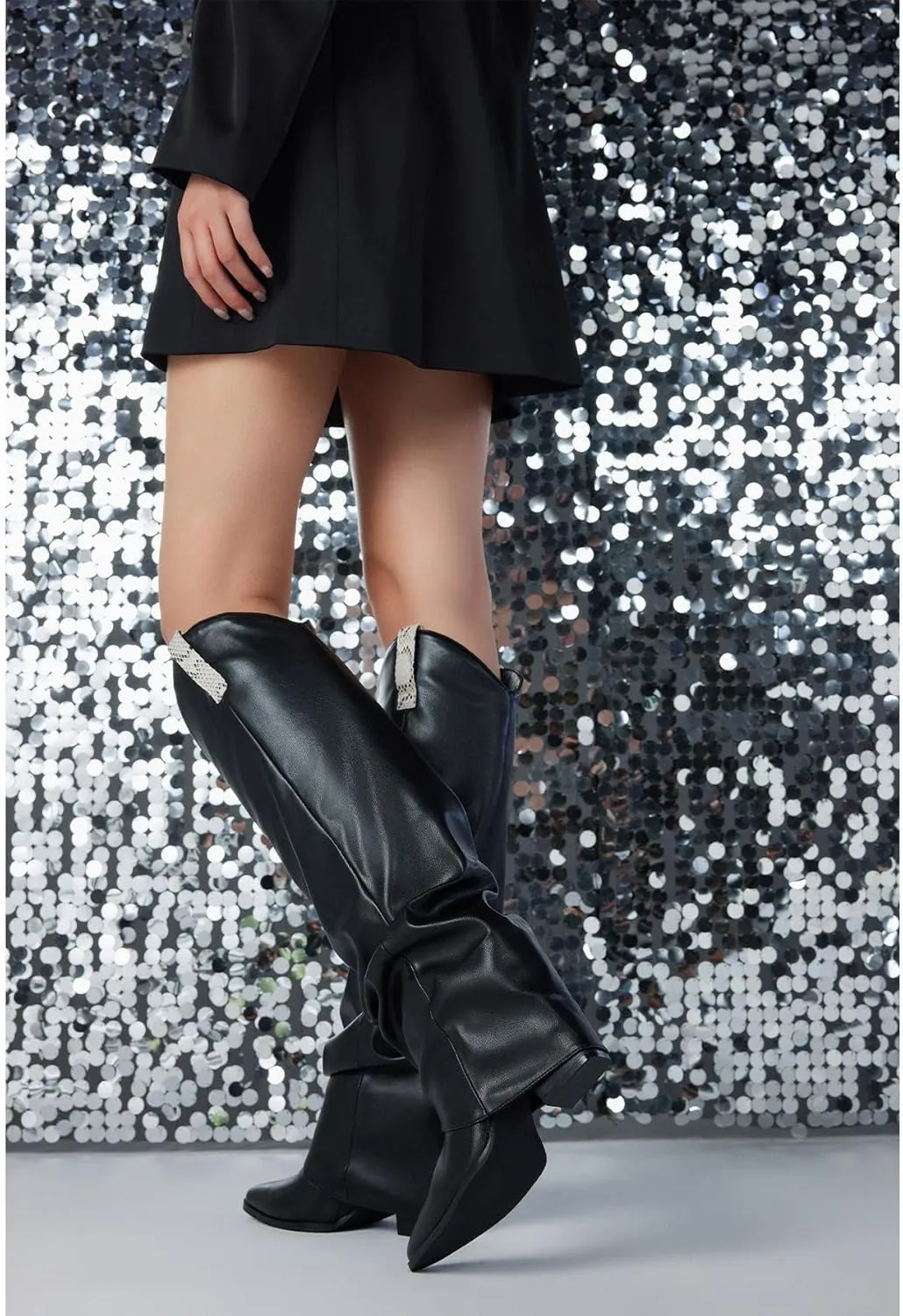 Putu Fold Over Boots for Women Knee High Cowboy Boots Chunky High Heel Tall Boots