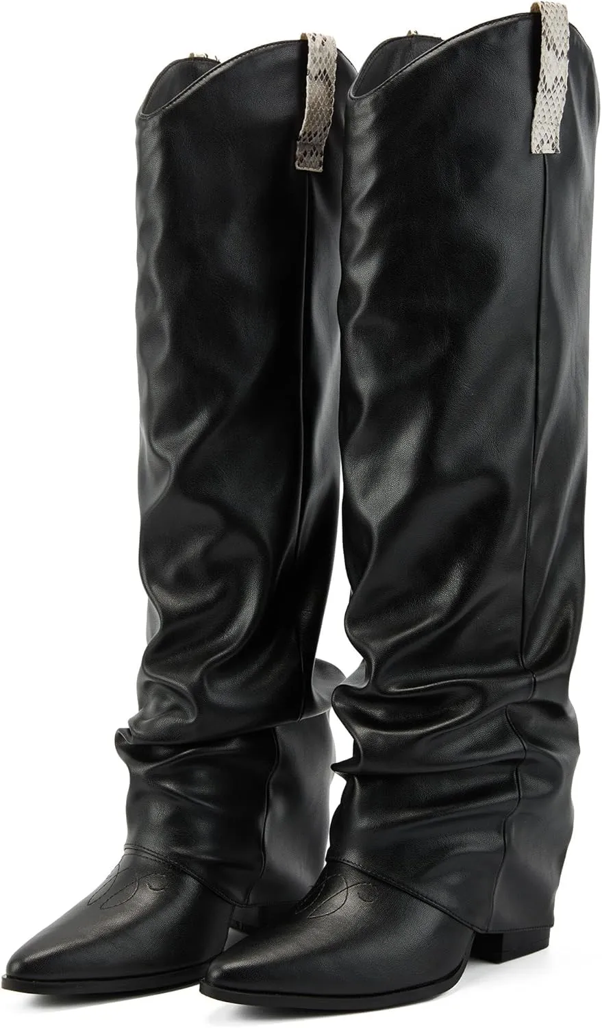 Putu Fold Over Boots for Women Knee High Cowboy Boots Chunky High Heel Tall Boots