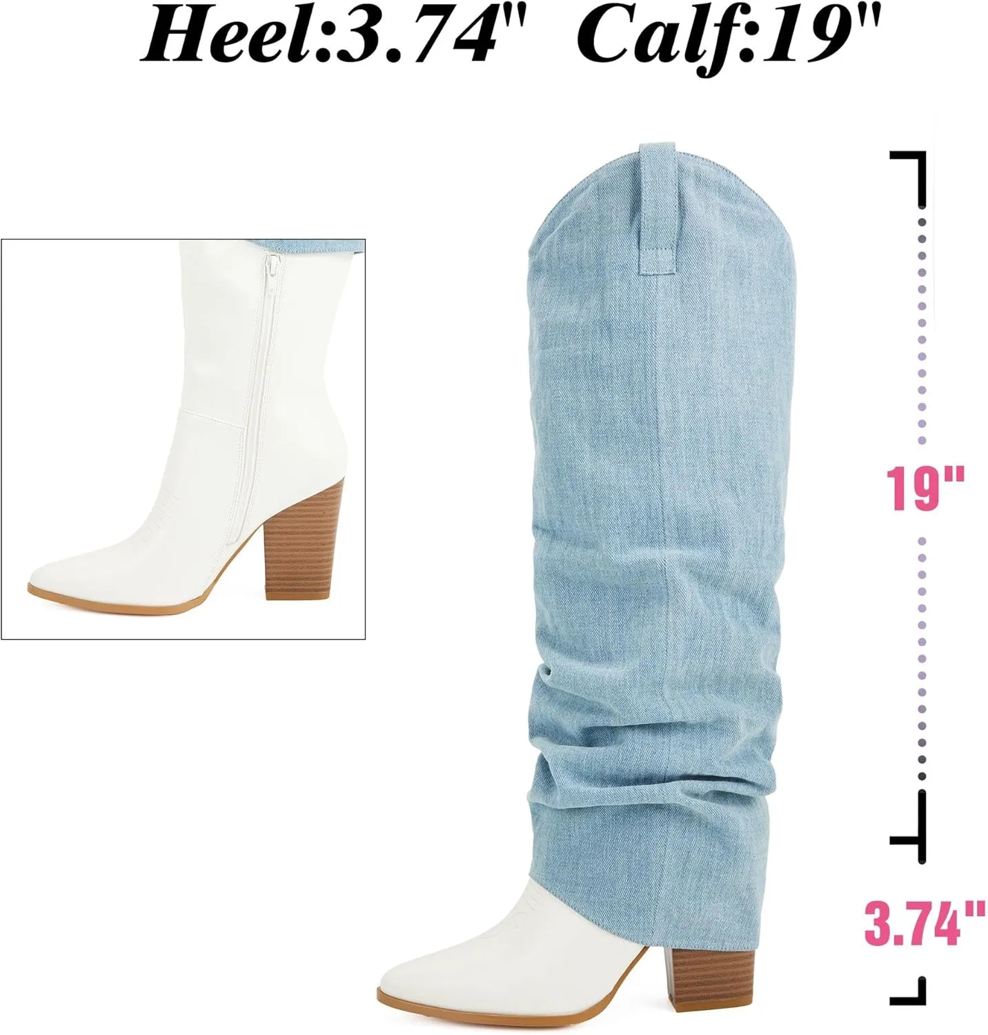 Putu Fold Over Boots for Women Knee High Cowboy Boots Chunky High Heel Tall Boots