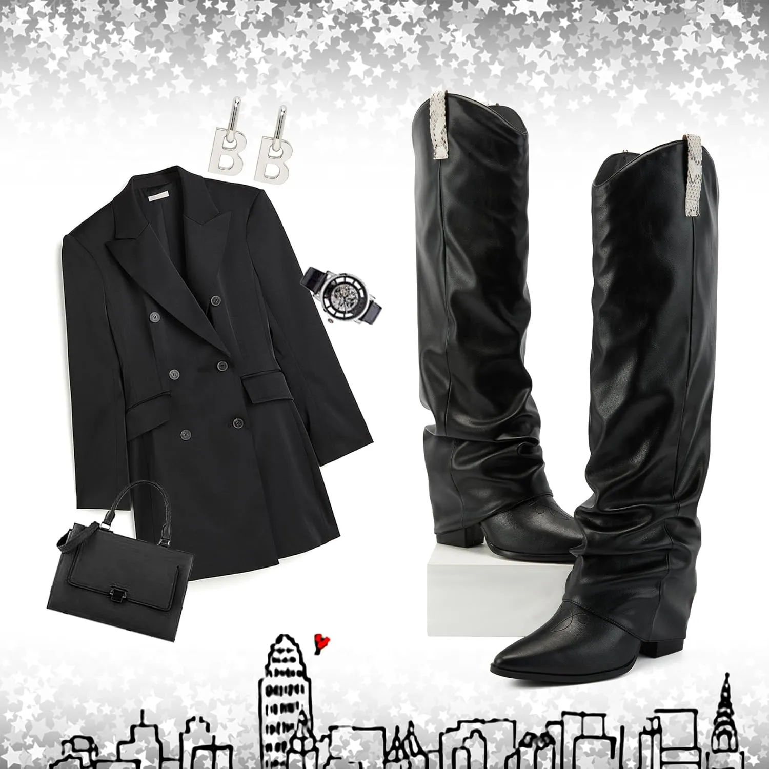 Putu Fold Over Boots for Women Knee High Cowboy Boots Chunky High Heel Tall Boots