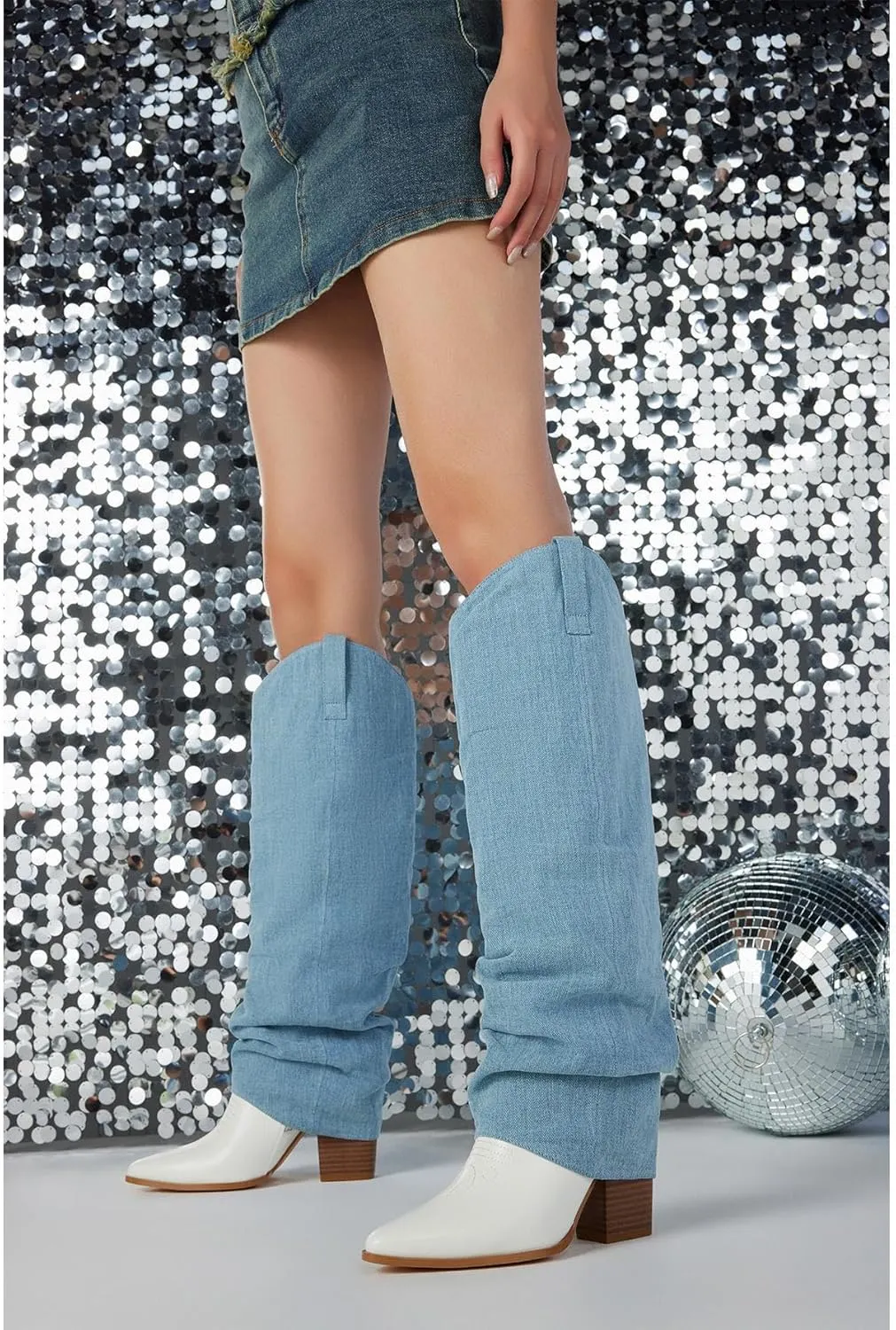 Putu Fold Over Boots for Women Knee High Cowboy Boots Chunky High Heel Tall Boots