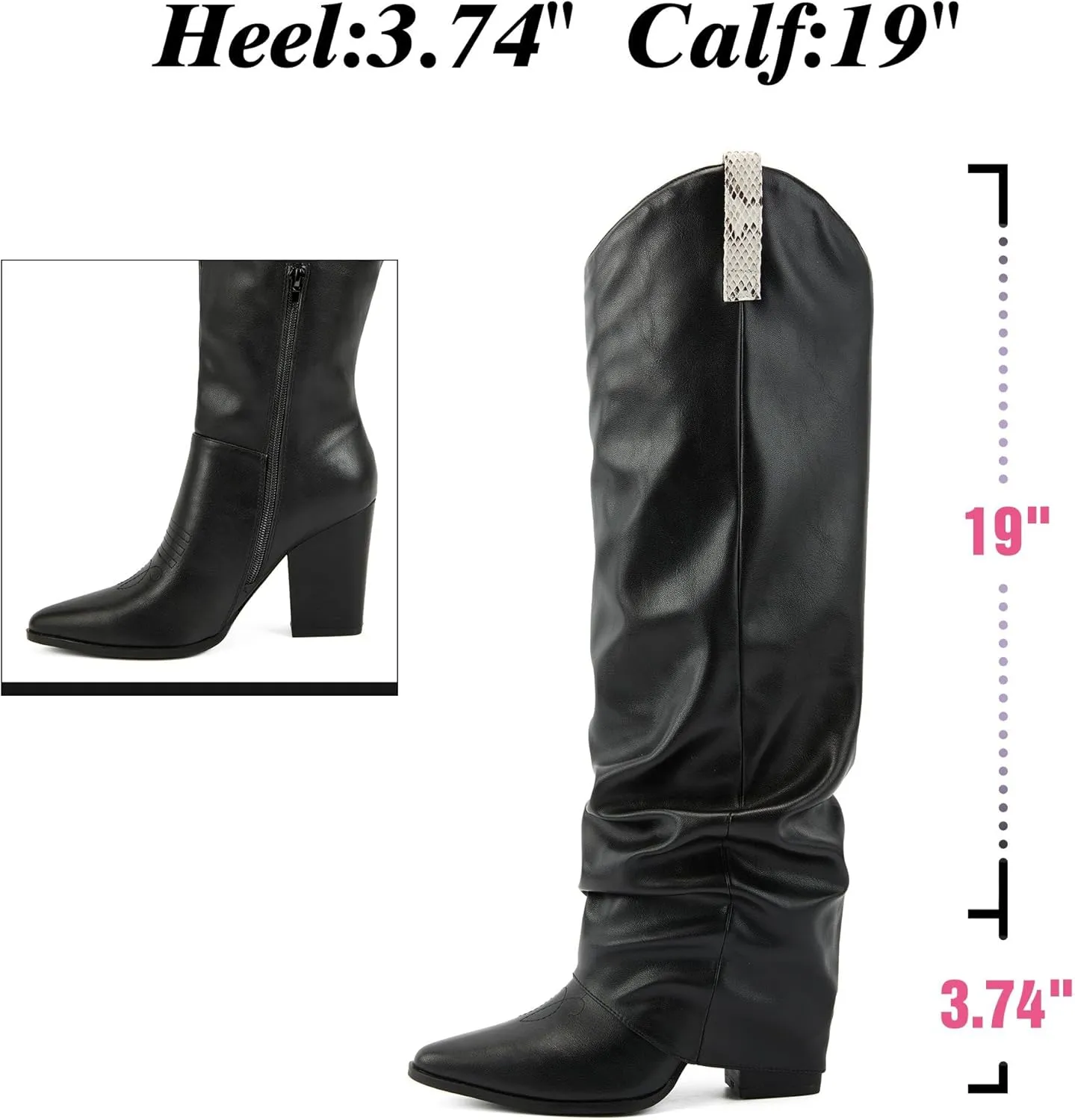 Putu Fold Over Boots for Women Knee High Cowboy Boots Chunky High Heel Tall Boots