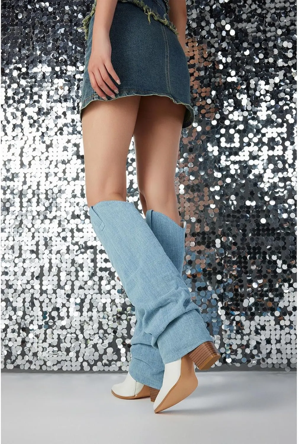 Putu Fold Over Boots for Women Knee High Cowboy Boots Chunky High Heel Tall Boots