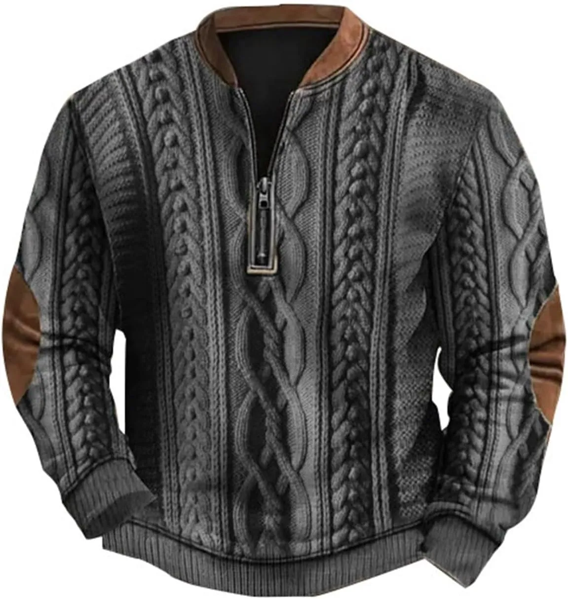 Quarter Zip Pullover Men Long Sleeve Retro 3D Pattern Western Sweatshirts Twist Knit Print Imitation Sweater Jumpers