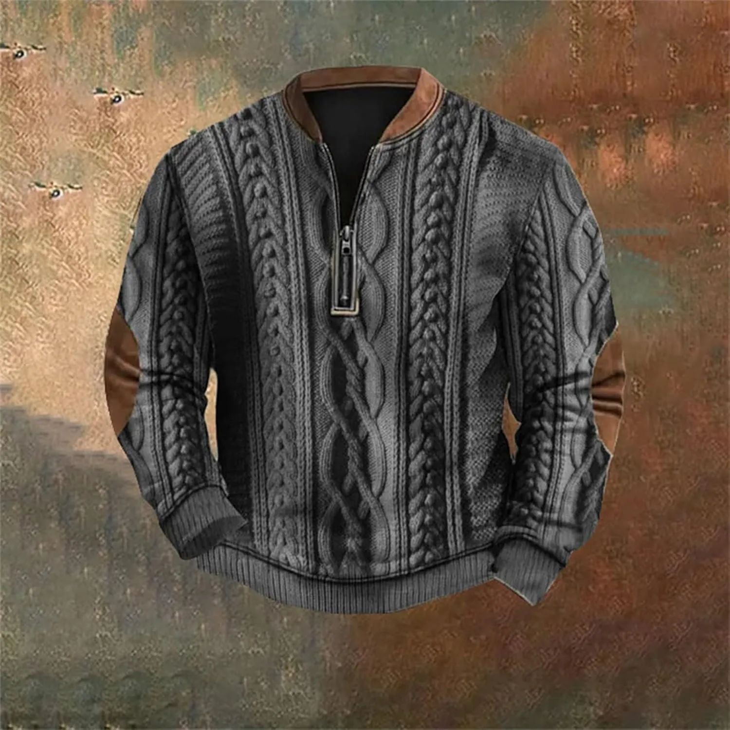 Quarter Zip Pullover Men Long Sleeve Retro 3D Pattern Western Sweatshirts Twist Knit Print Imitation Sweater Jumpers
