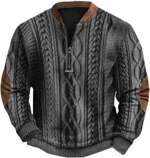 Quarter Zip Pullover Men Long Sleeve Retro 3D Pattern Western Sweatshirts Twist Knit Print Imitation Sweater Jumpers