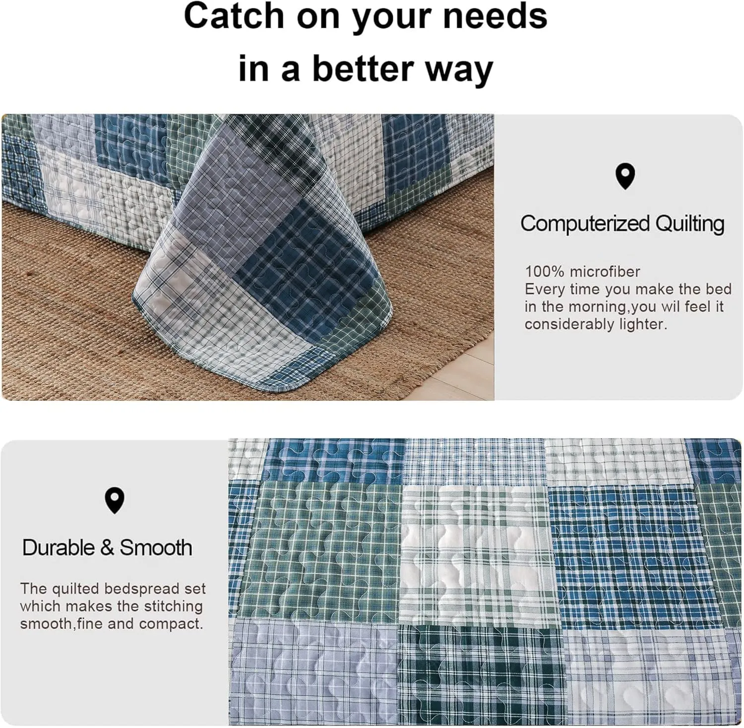 Quilt Set Twin Size Plaid Bedspread Coverlet Twin Quilt Set Bedding Mens Boys Quilt Bedspread Patchwork Bedding Home Modern Soft Lightweight Coverlet Reversible Quilt Bed Spread with 2 Pillow Shams