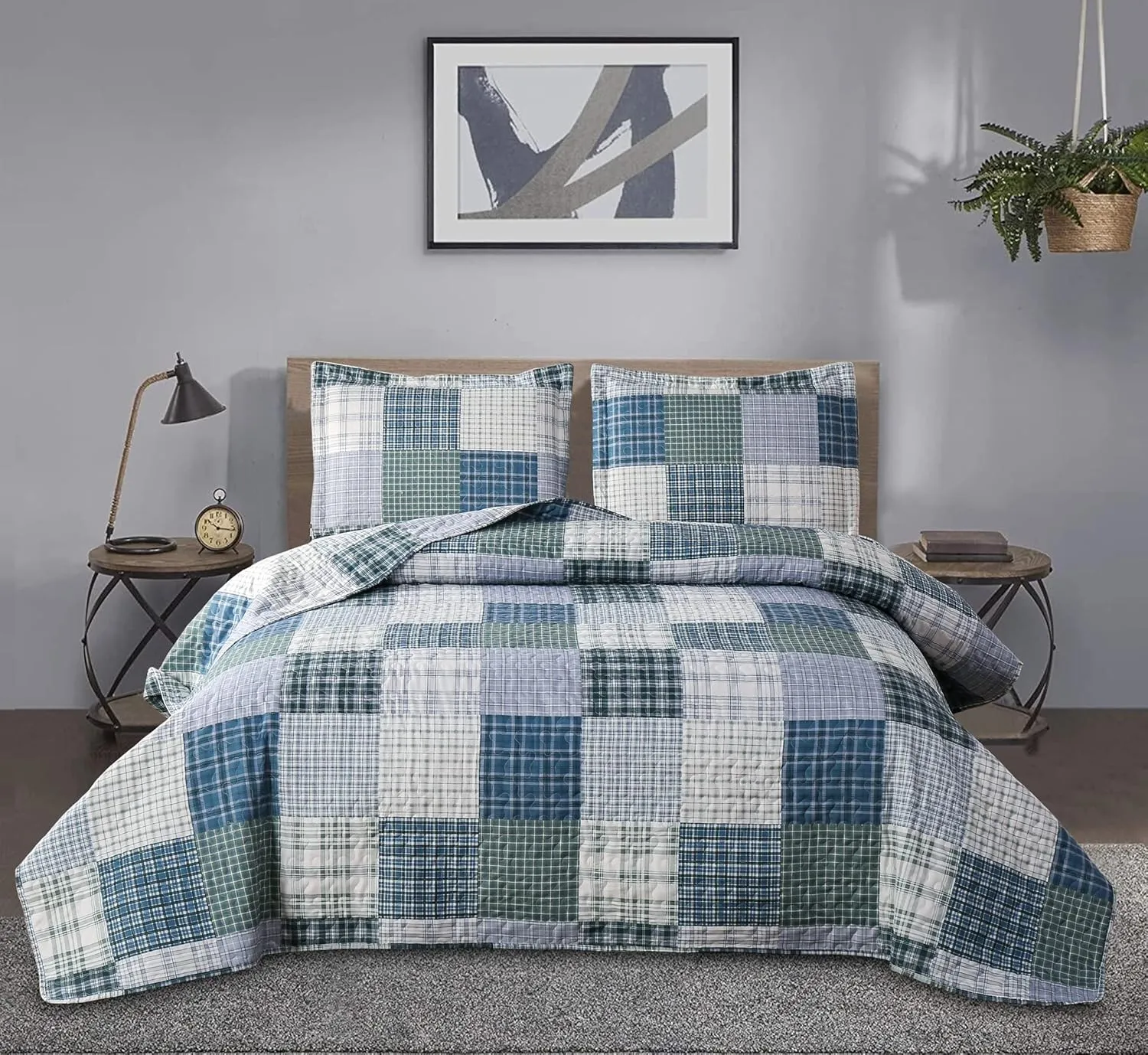 Quilt Set Twin Size Plaid Bedspread Coverlet Twin Quilt Set Bedding Mens Boys Quilt Bedspread Patchwork Bedding Home Modern Soft Lightweight Coverlet Reversible Quilt Bed Spread with 2 Pillow Shams