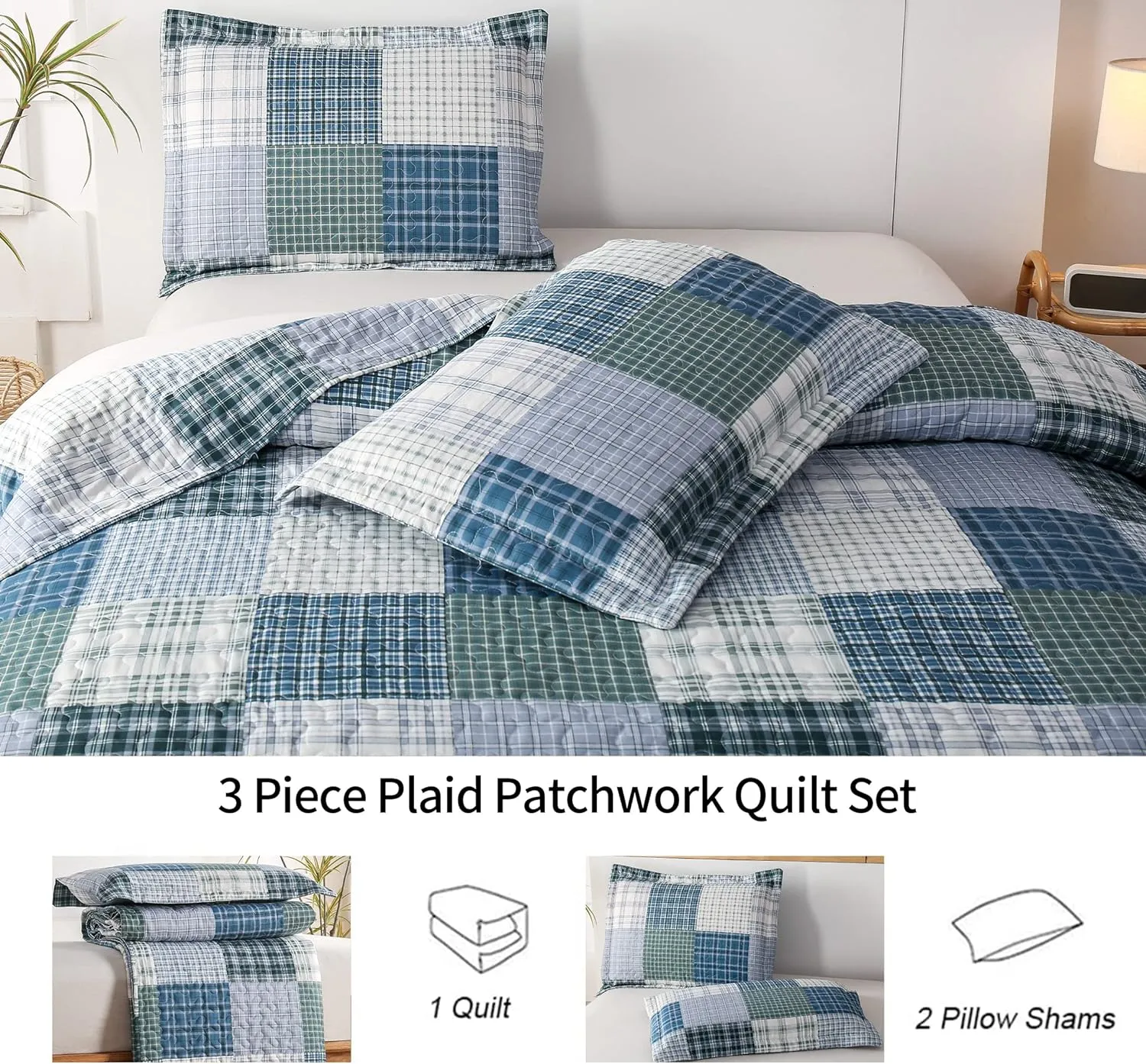 Quilt Set Twin Size Plaid Bedspread Coverlet Twin Quilt Set Bedding Mens Boys Quilt Bedspread Patchwork Bedding Home Modern Soft Lightweight Coverlet Reversible Quilt Bed Spread with 2 Pillow Shams