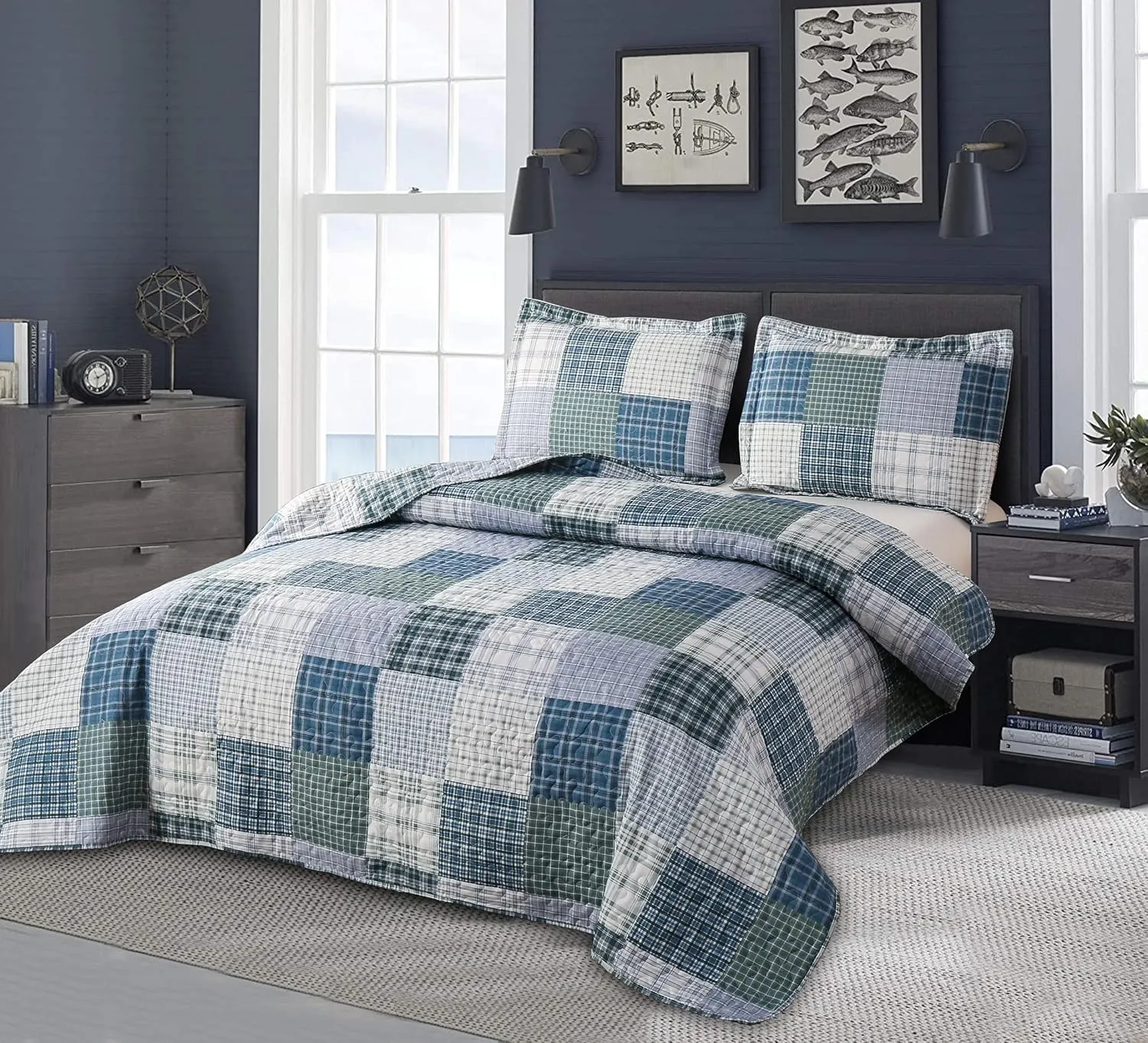 Quilt Set Twin Size Plaid Bedspread Coverlet Twin Quilt Set Bedding Mens Boys Quilt Bedspread Patchwork Bedding Home Modern Soft Lightweight Coverlet Reversible Quilt Bed Spread with 2 Pillow Shams