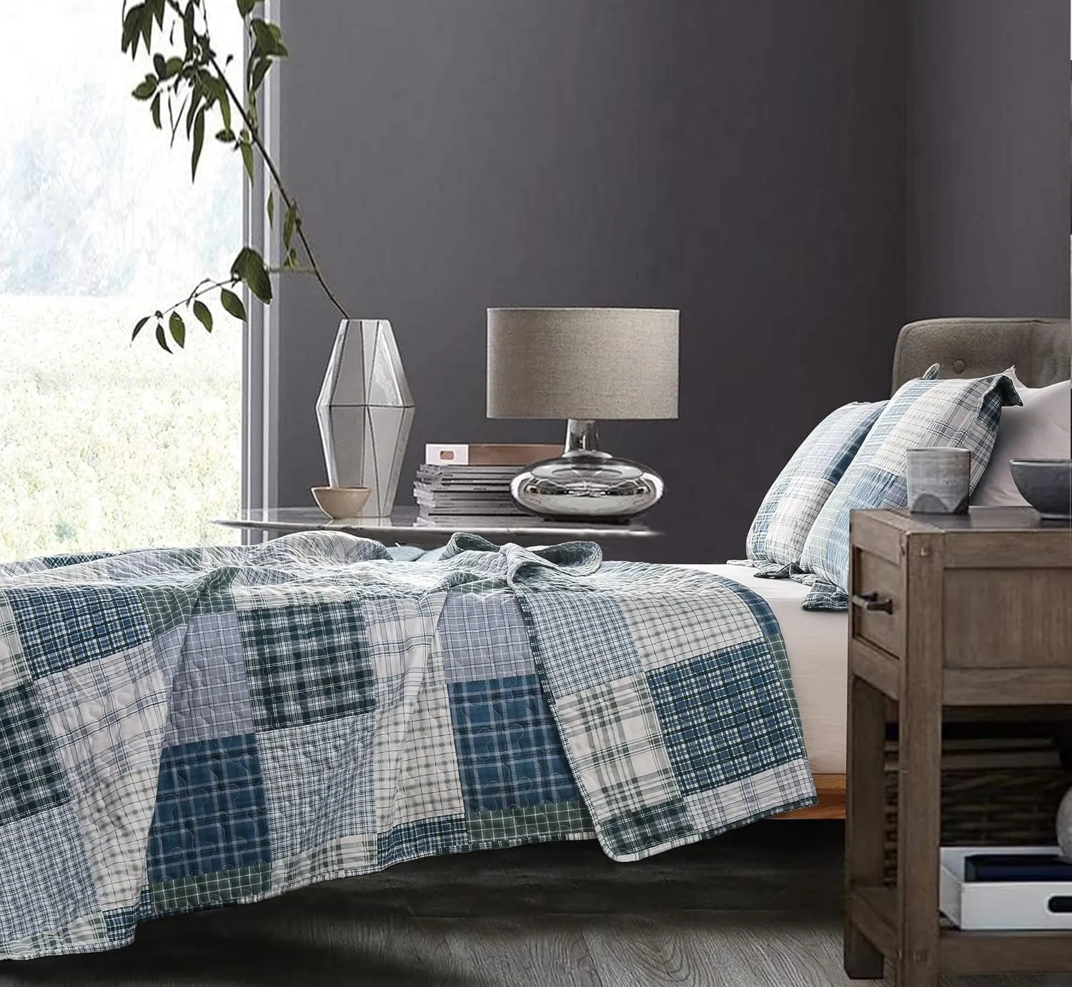 Quilt Set Twin Size Plaid Bedspread Coverlet Twin Quilt Set Bedding Mens Boys Quilt Bedspread Patchwork Bedding Home Modern Soft Lightweight Coverlet Reversible Quilt Bed Spread with 2 Pillow Shams
