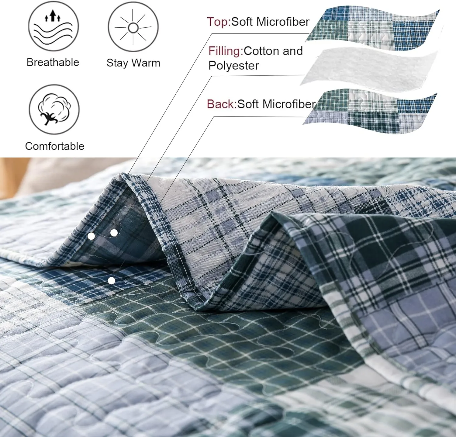 Quilt Set Twin Size Plaid Bedspread Coverlet Twin Quilt Set Bedding Mens Boys Quilt Bedspread Patchwork Bedding Home Modern Soft Lightweight Coverlet Reversible Quilt Bed Spread with 2 Pillow Shams