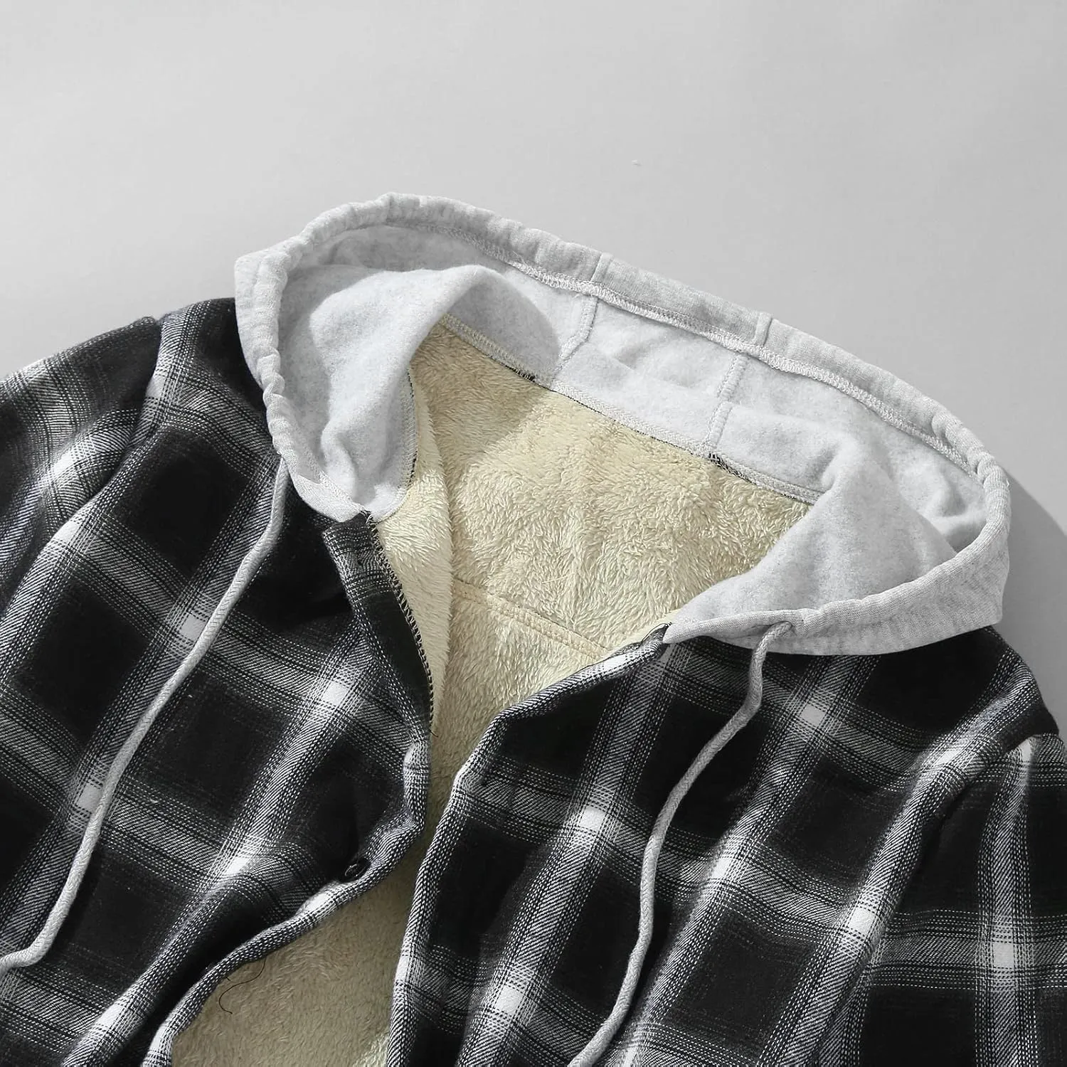 Quilted Lined Flannel Shirt Jacket for Men Hooded Zipper Pocket Long Sleeve Shirt Patchwork Flannel Shirt for Men