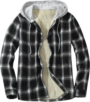 Quilted Lined Flannel Shirt Jacket for Men Hooded Zipper Pocket Long Sleeve Shirt Patchwork Flannel Shirt for Men
