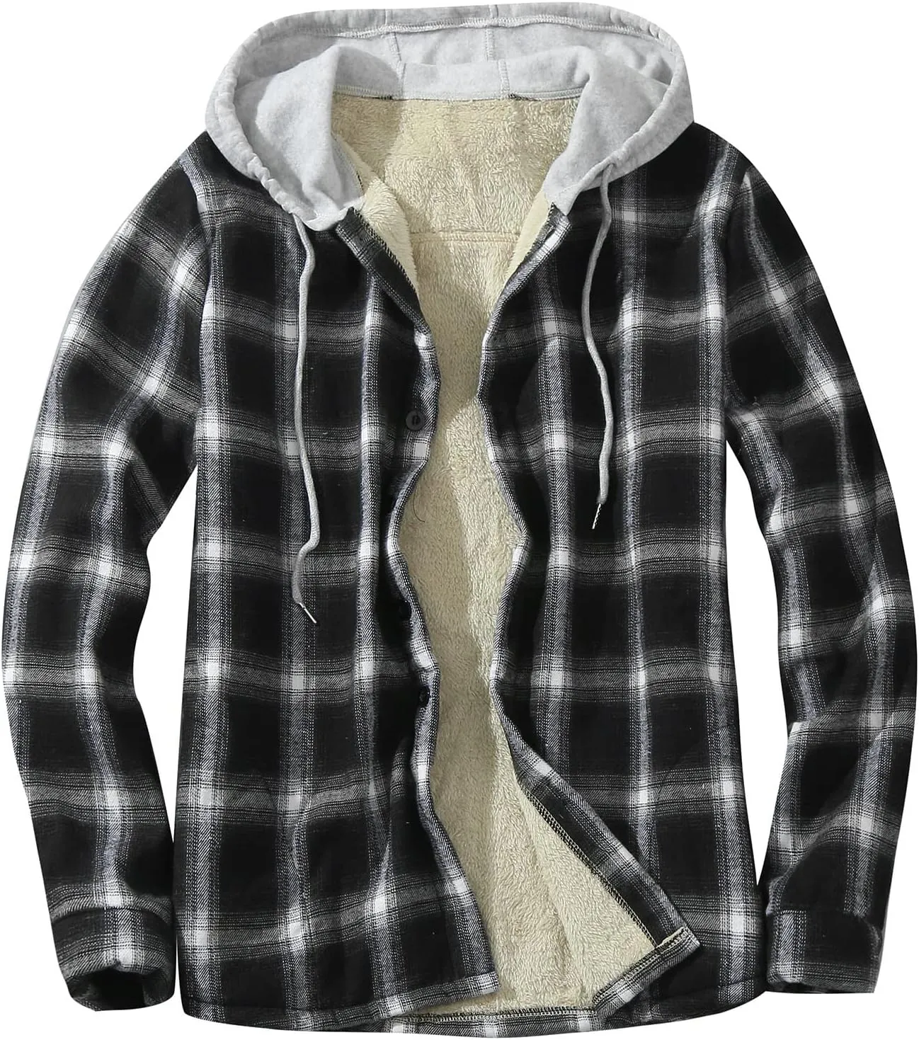 Quilted Lined Flannel Shirt Jacket for Men Hooded Zipper Pocket Long Sleeve Shirt Patchwork Flannel Shirt for Men