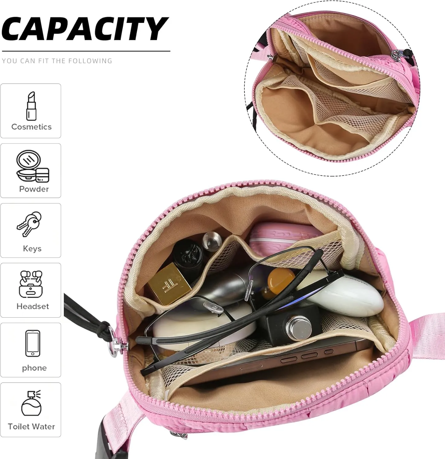Quilted Puffer Belt Bag, Everywhere Waist Fanny Packs, Lightweight Crossbody Bag with Adjustable Strap, Pink