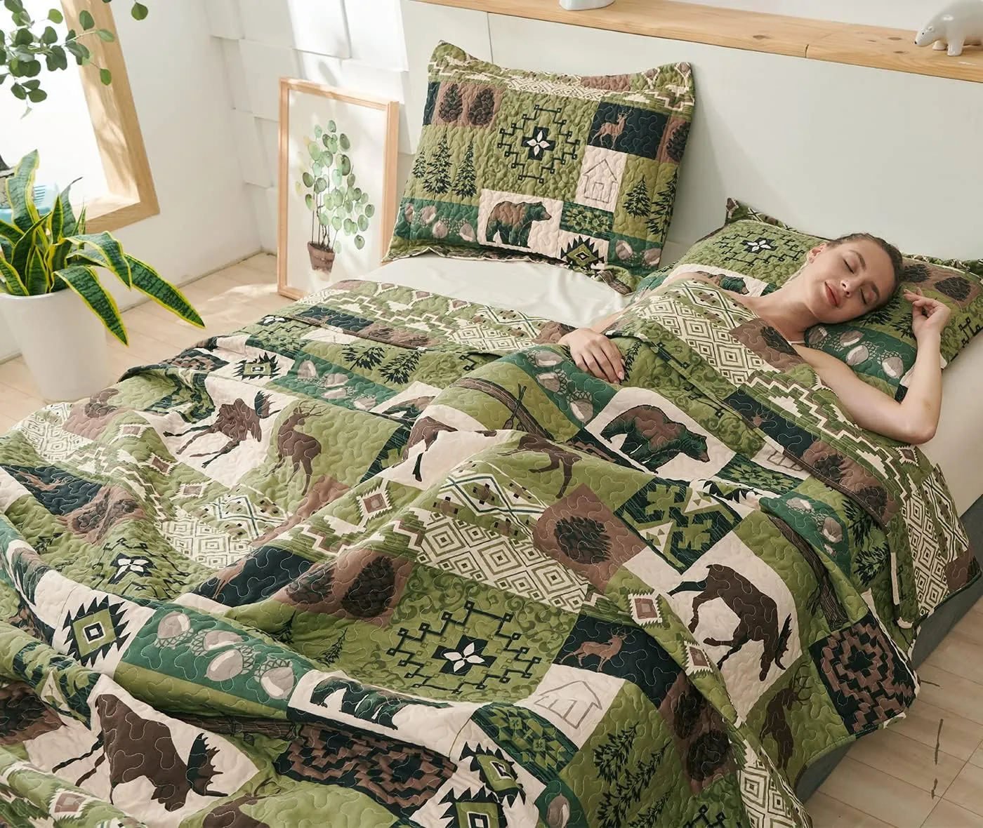 Quilts Set Queen Size Rustic Quilt Bedspread Coverlet Queen Quilt Bedding Lodge Country Patchwork Bear Bedding Home Lightweight Quilt Reversible Rustic Bedding Forest Animal Moose Cabin Bedding Olive