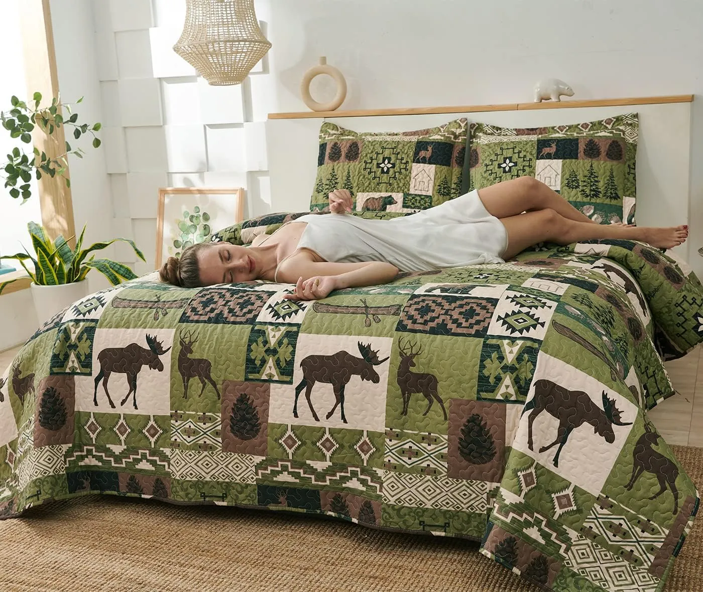 Quilts Set Queen Size Rustic Quilt Bedspread Coverlet Queen Quilt Bedding Lodge Country Patchwork Bear Bedding Home Lightweight Quilt Reversible Rustic Bedding Forest Animal Moose Cabin Bedding Olive