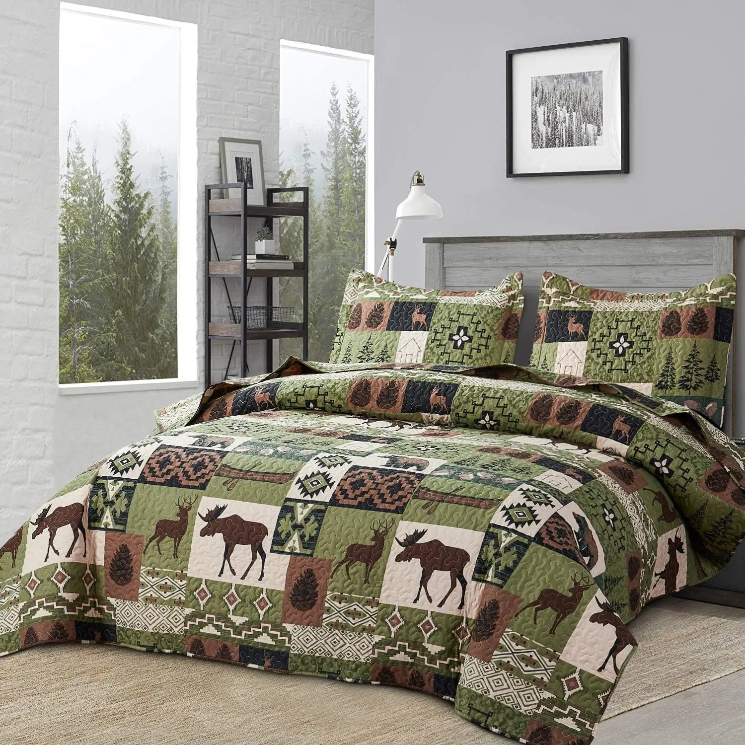 Quilts Set Queen Size Rustic Quilt Bedspread Coverlet Queen Quilt Bedding Lodge Country Patchwork Bear Bedding Home Lightweight Quilt Reversible Rustic Bedding Forest Animal Moose Cabin Bedding Olive