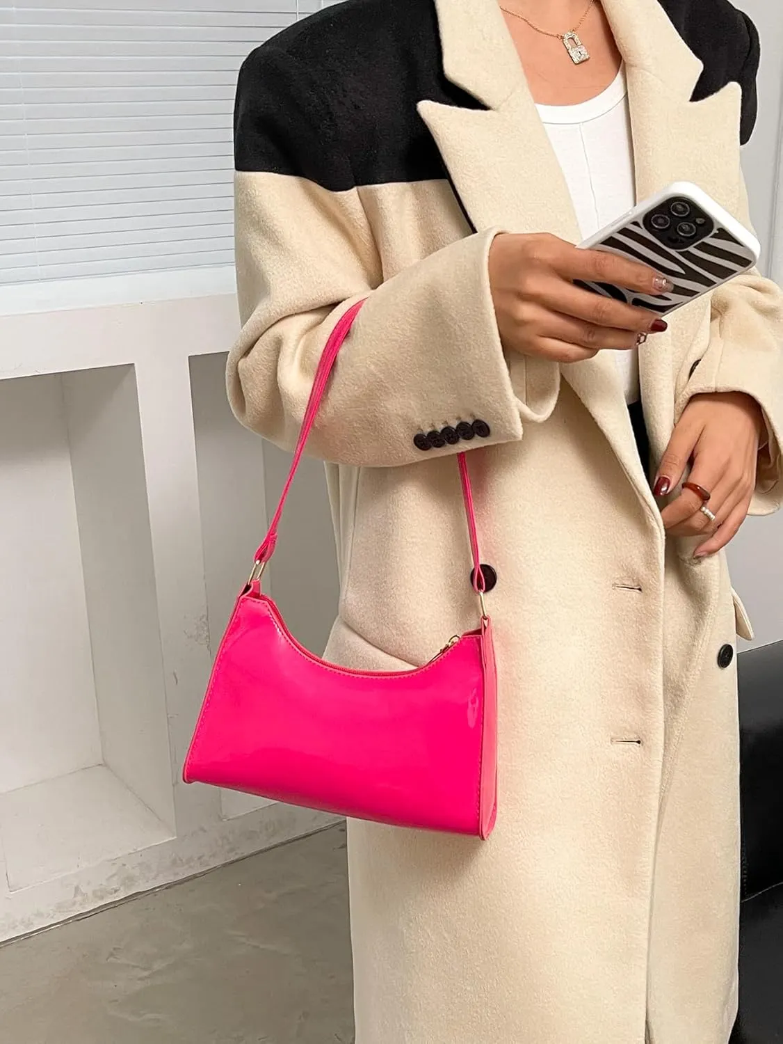 QWINEE Women's Artificial Patent Leather Tote - Square, Satchel, Ladies Shoulder Totes, Crossbody Bags