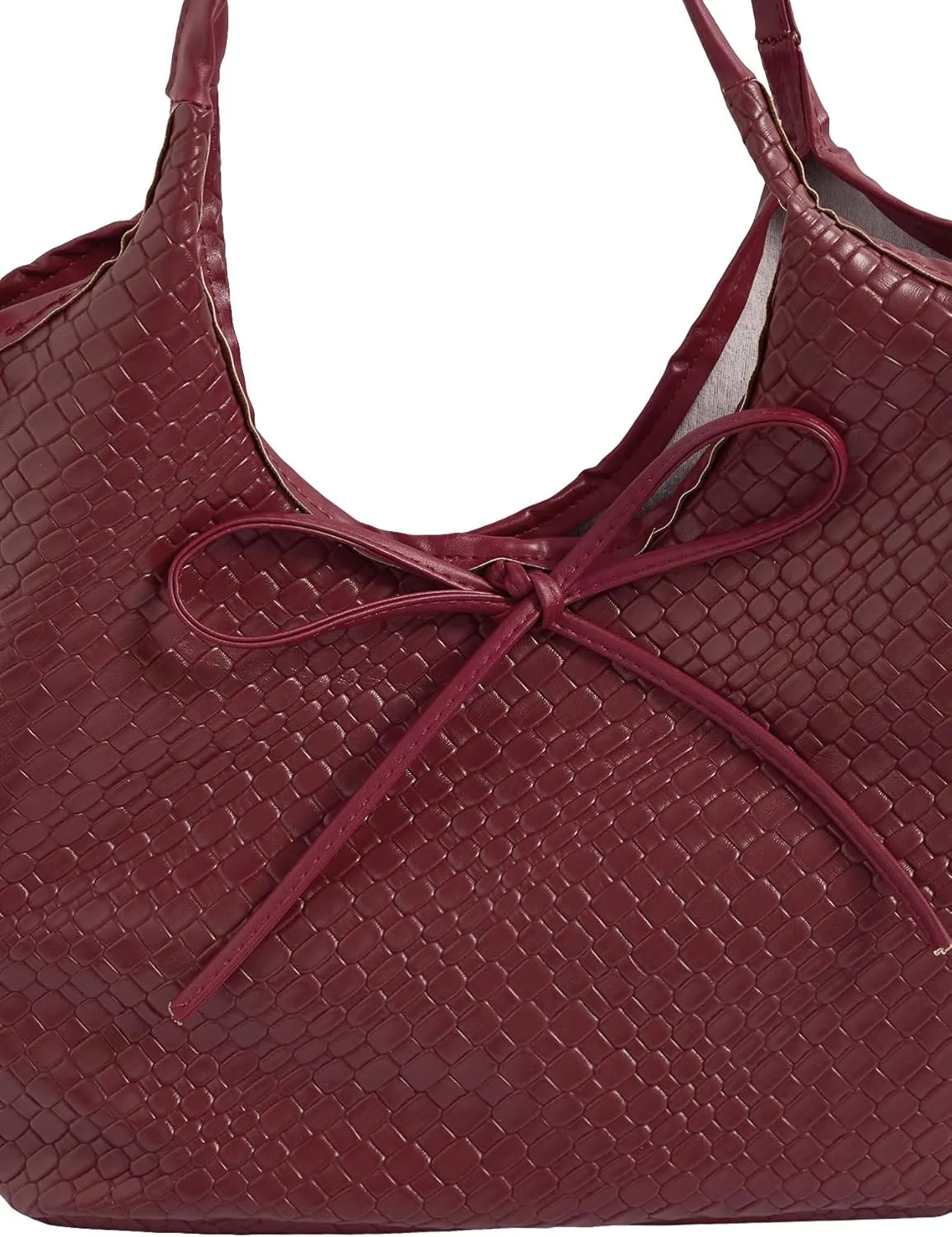 QWINEE Women's Bow Knot Shoulder Handbag Vintage Woven Leather Double Straps Underarm Purse