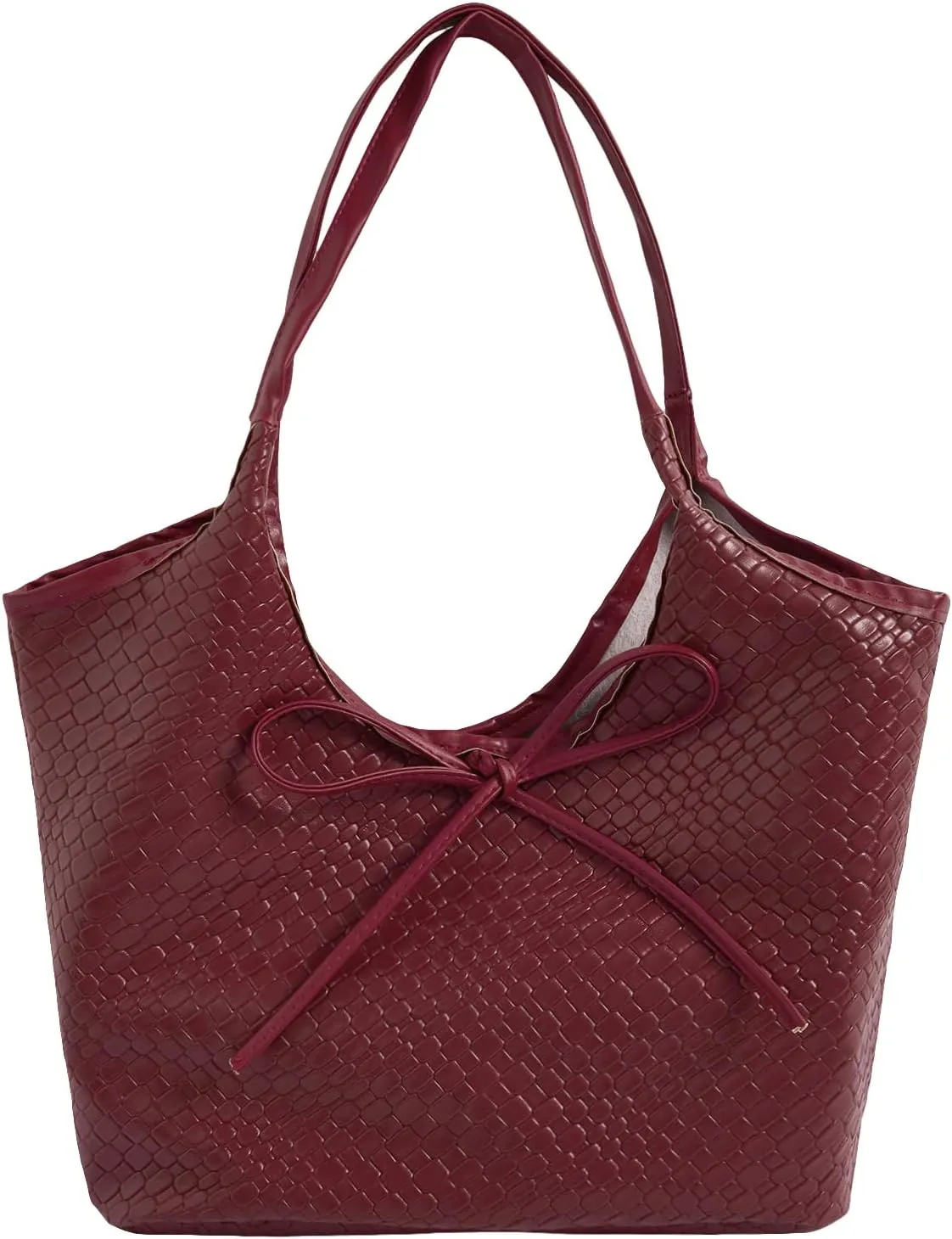 QWINEE Women's Bow Knot Shoulder Handbag Vintage Woven Leather Double Straps Underarm Purse