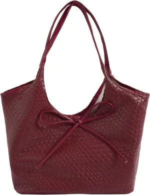 QWINEE Women's Bow Knot Shoulder Handbag Vintage Woven Leather Double Straps Underarm Purse