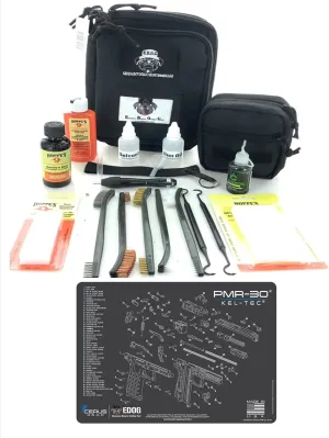 RangeMaster Elite EDC Bag Gun Cleaning Kit- Compatible for Keltec PMR-30 - Schematic Mat (Exploded View) with Hoppes Gun Oil No.9 Solvent & Patches Clenzoil CLP 10 Pc Cleaning Accessories Set