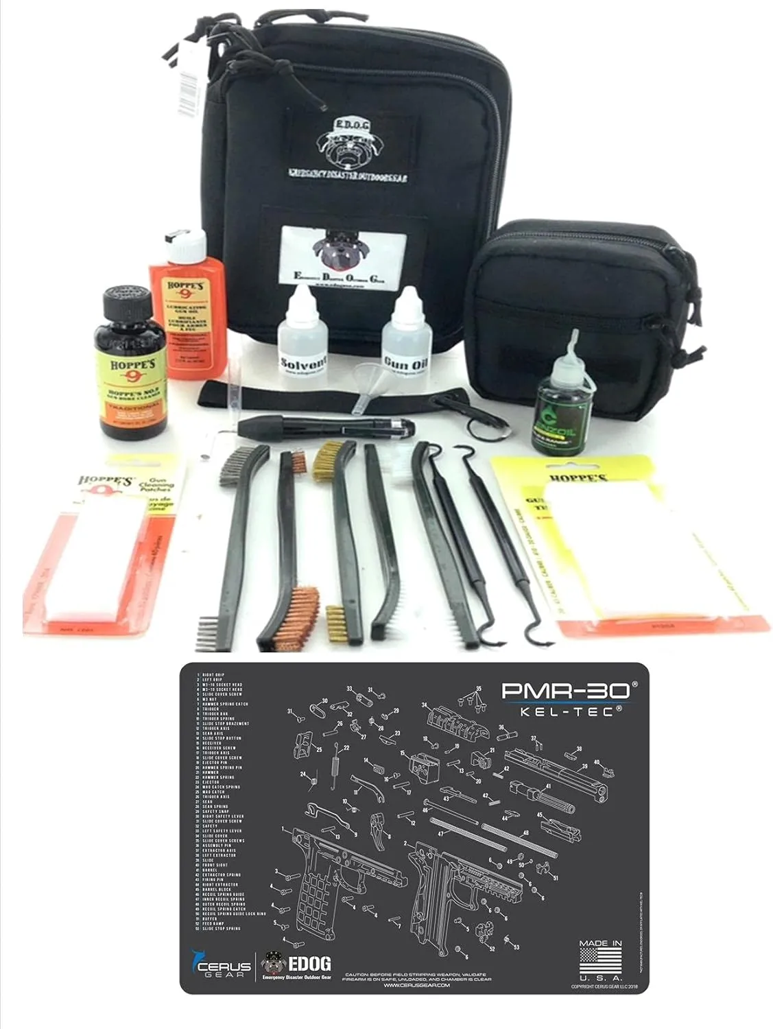RangeMaster Elite EDC Bag Gun Cleaning Kit- Compatible for Keltec PMR-30 - Schematic Mat (Exploded View) with Hoppes Gun Oil No.9 Solvent & Patches Clenzoil CLP 10 Pc Cleaning Accessories Set