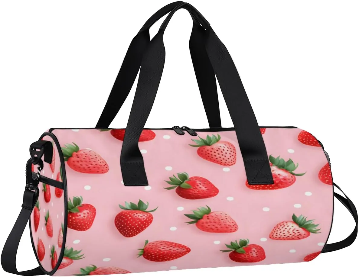 Realistic Strawberry Design Sports Duffel Bag with Shoulder Strap, Large Capacity Gym Bag with Shoe Compartment, Water Resistant Travel Duffle Bag for Men Women Travel, Sports (17.6x9x9 Inch)