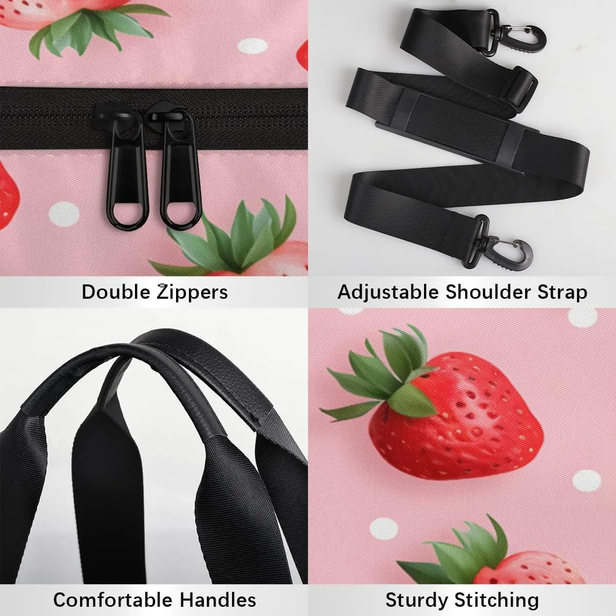 Realistic Strawberry Design Sports Duffel Bag with Shoulder Strap, Large Capacity Gym Bag with Shoe Compartment, Water Resistant Travel Duffle Bag for Men Women Travel, Sports (17.6x9x9 Inch)