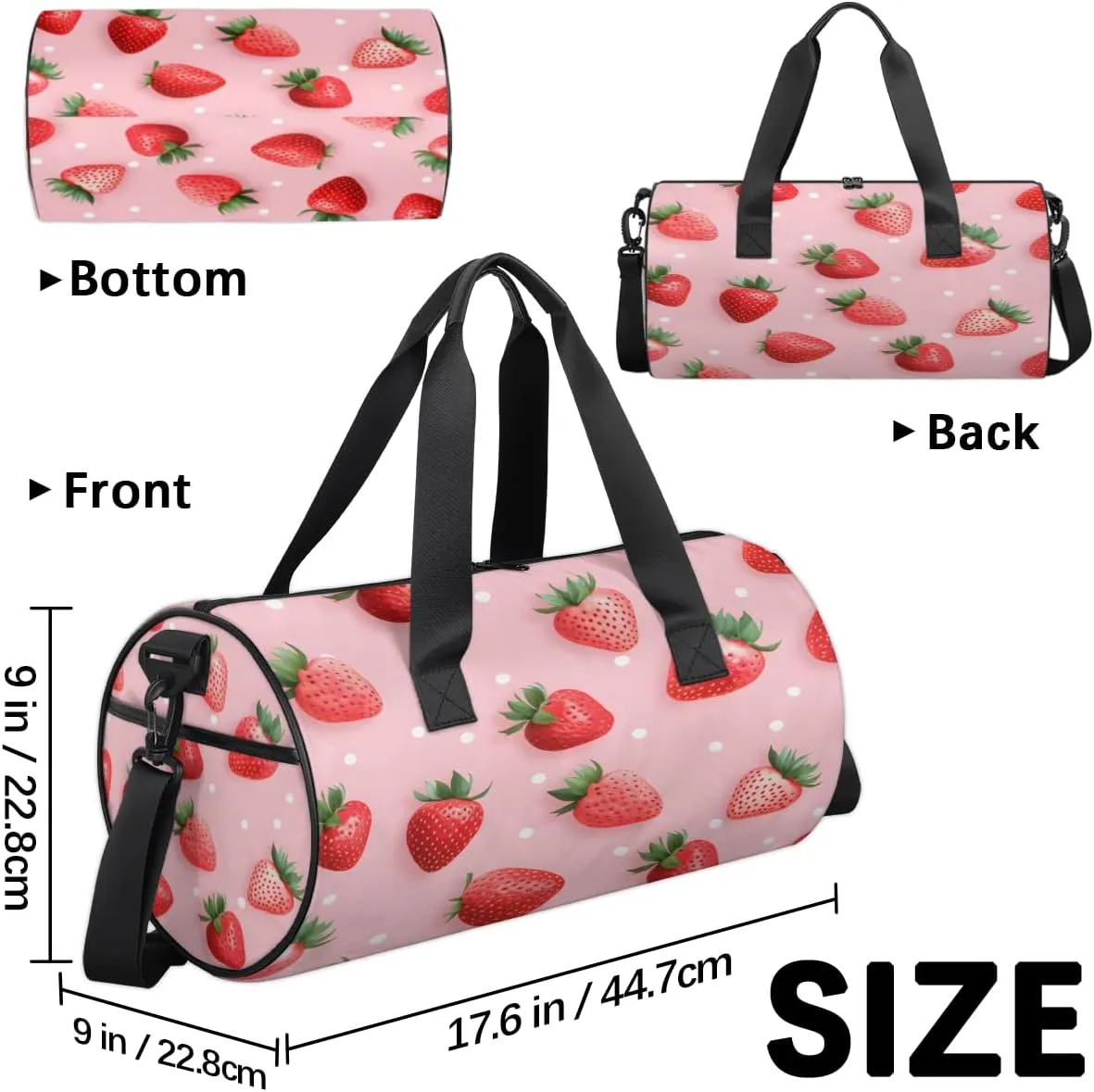 Realistic Strawberry Design Sports Duffel Bag with Shoulder Strap, Large Capacity Gym Bag with Shoe Compartment, Water Resistant Travel Duffle Bag for Men Women Travel, Sports (17.6x9x9 Inch)