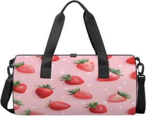Realistic Strawberry Design Sports Duffel Bag with Shoulder Strap, Large Capacity Gym Bag with Shoe Compartment, Water Resistant Travel Duffle Bag for Men Women Travel, Sports (17.6x9x9 Inch)