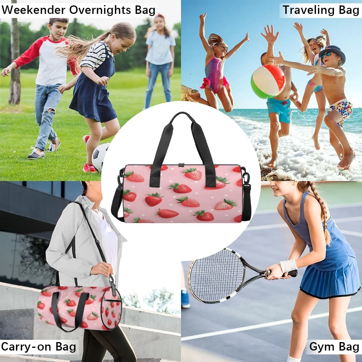Realistic Strawberry Design Sports Duffel Bag with Shoulder Strap, Large Capacity Gym Bag with Shoe Compartment, Water Resistant Travel Duffle Bag for Men Women Travel, Sports (17.6x9x9 Inch)