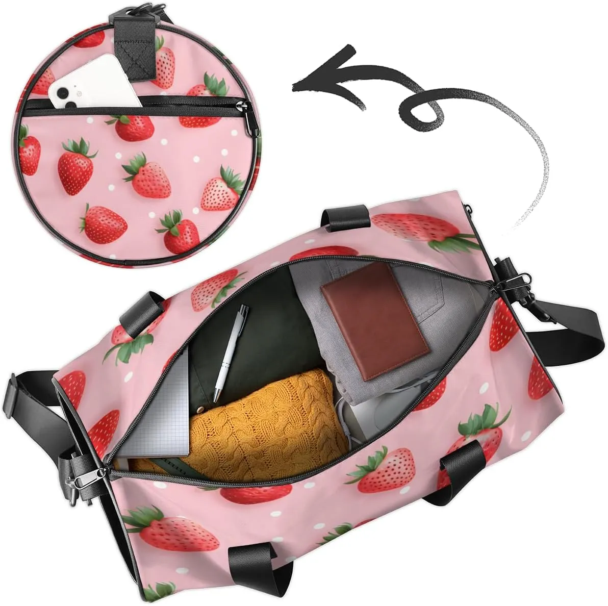 Realistic Strawberry Design Sports Duffel Bag with Shoulder Strap, Large Capacity Gym Bag with Shoe Compartment, Water Resistant Travel Duffle Bag for Men Women Travel, Sports (17.6x9x9 Inch)