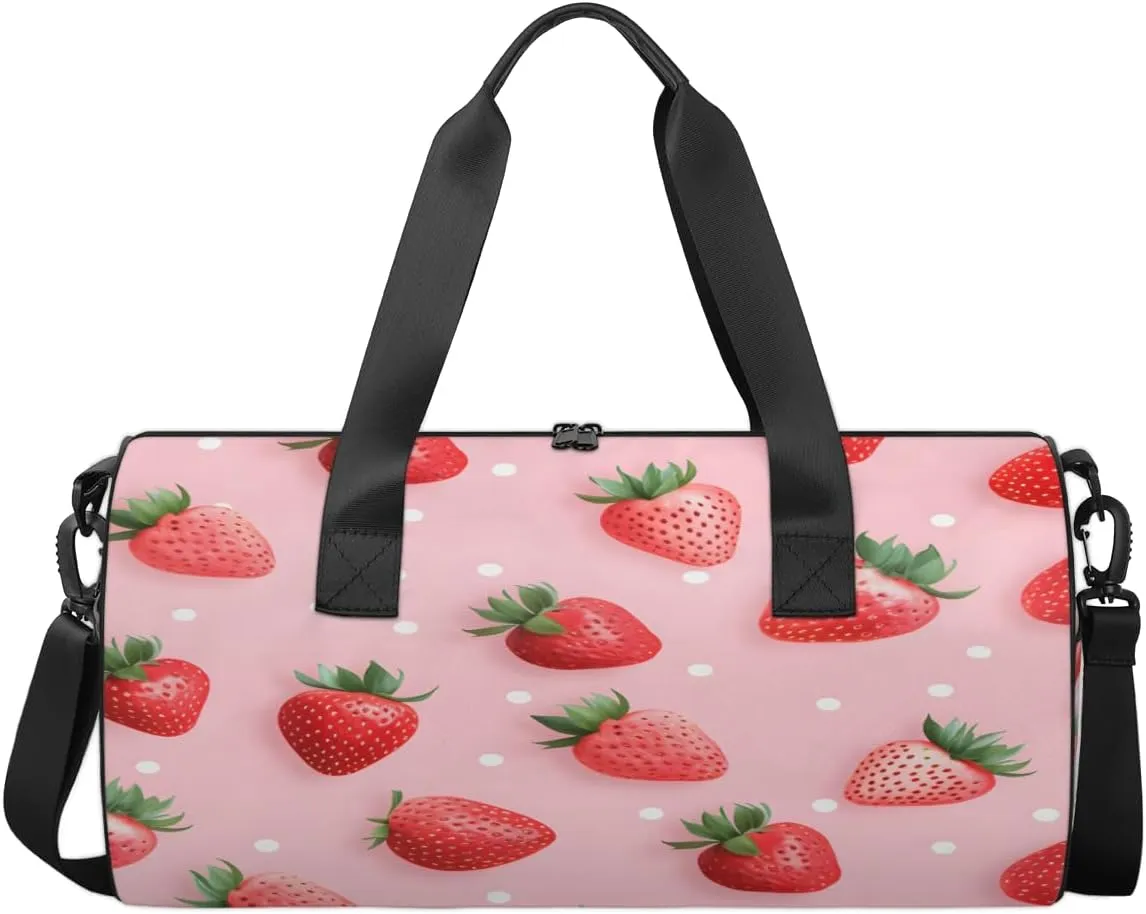 Realistic Strawberry Design Sports Duffel Bag with Shoulder Strap, Large Capacity Gym Bag with Shoe Compartment, Water Resistant Travel Duffle Bag for Men Women Travel, Sports (17.6x9x9 Inch)