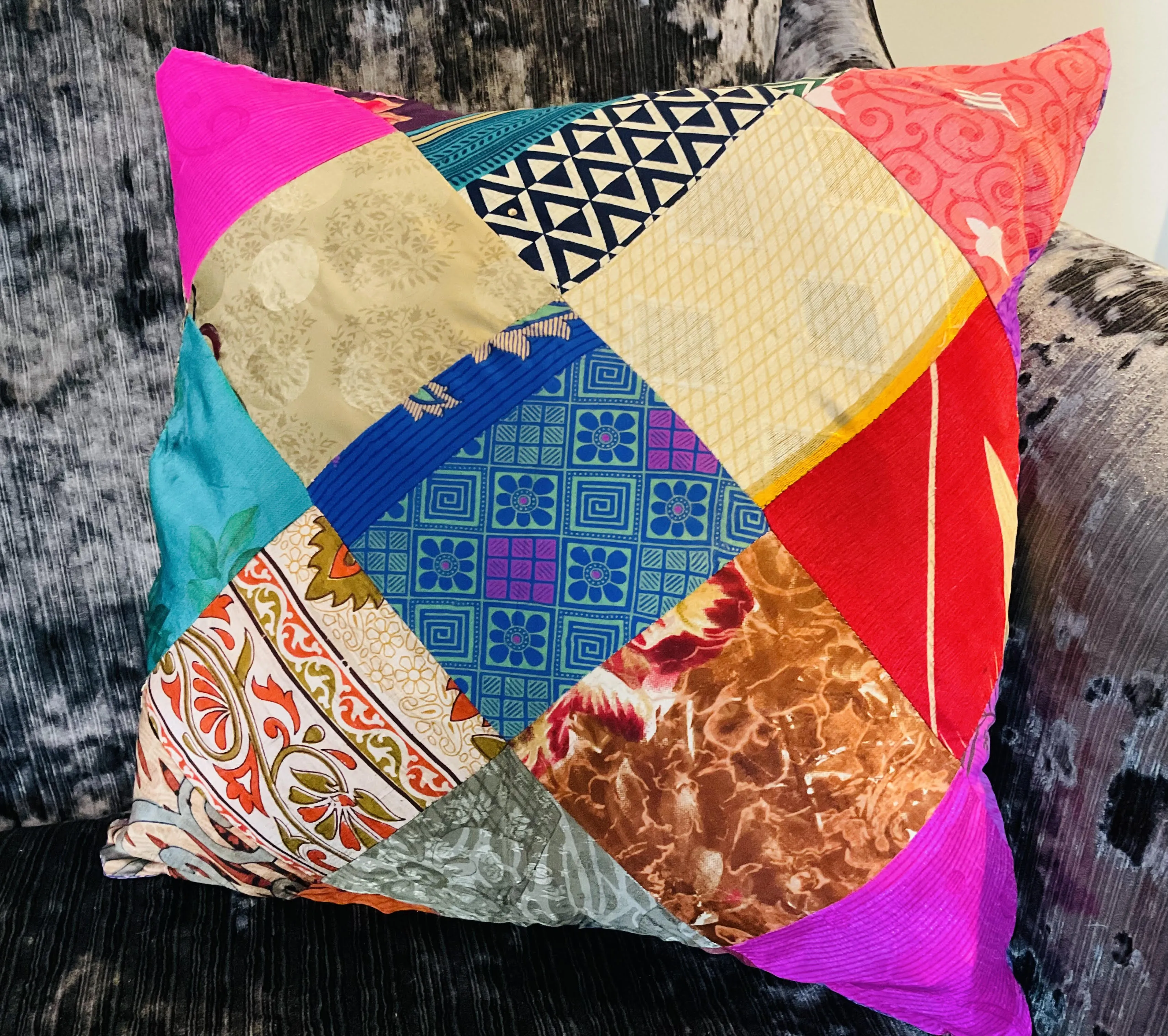 Recycled Patchwork Sari Multi Colour Patchwork Cushion Covers 45 cm x 45 cm