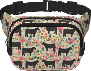 Red Flower Show Steer Cows Cattle Print Unisex Square Double Layer Waist Bag Trendy Crossbody Fanny Pack Travel Workouts