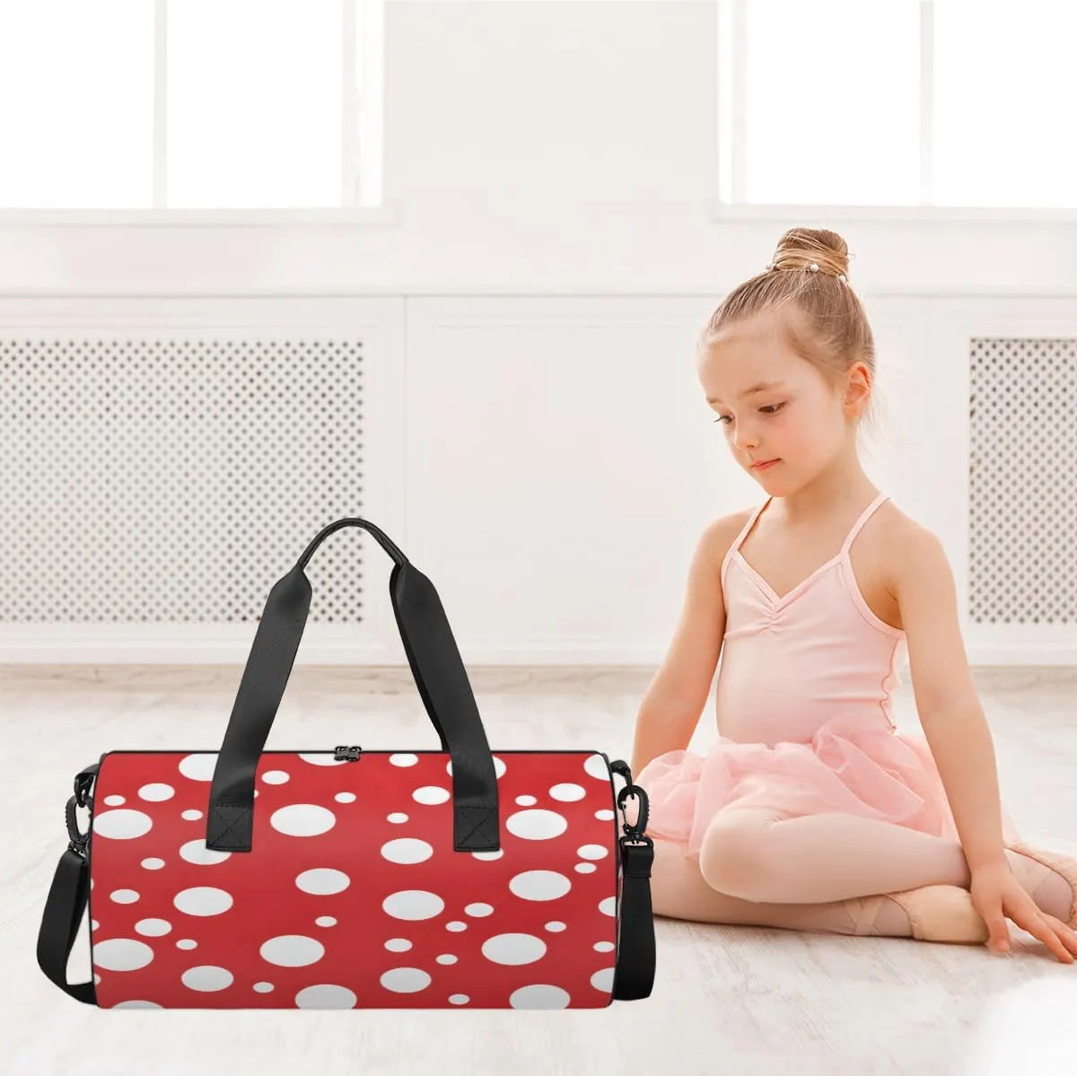 Red White Dot Pattern Sports Duffel Bag with Shoulder Strap, Large Capacity Gym Bag with Shoe Compartment, Water Resistant Travel Duffle Bag for Men Women Travel, Sports (17.6x9x9 Inch)