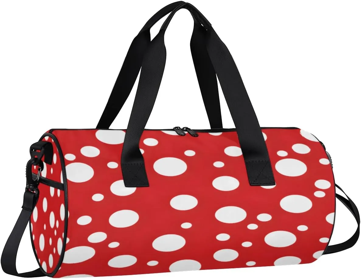 Red White Dot Pattern Sports Duffel Bag with Shoulder Strap, Large Capacity Gym Bag with Shoe Compartment, Water Resistant Travel Duffle Bag for Men Women Travel, Sports (17.6x9x9 Inch)