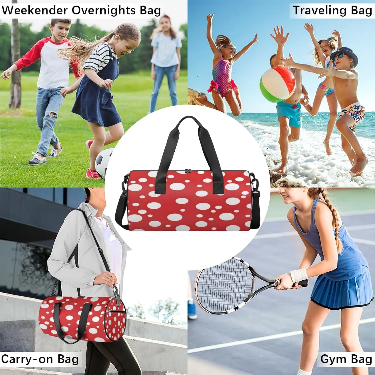 Red White Dot Pattern Sports Duffel Bag with Shoulder Strap, Large Capacity Gym Bag with Shoe Compartment, Water Resistant Travel Duffle Bag for Men Women Travel, Sports (17.6x9x9 Inch)