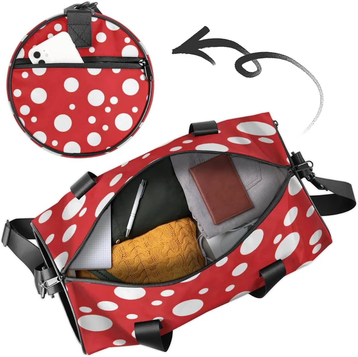 Red White Dot Pattern Sports Duffel Bag with Shoulder Strap, Large Capacity Gym Bag with Shoe Compartment, Water Resistant Travel Duffle Bag for Men Women Travel, Sports (17.6x9x9 Inch)