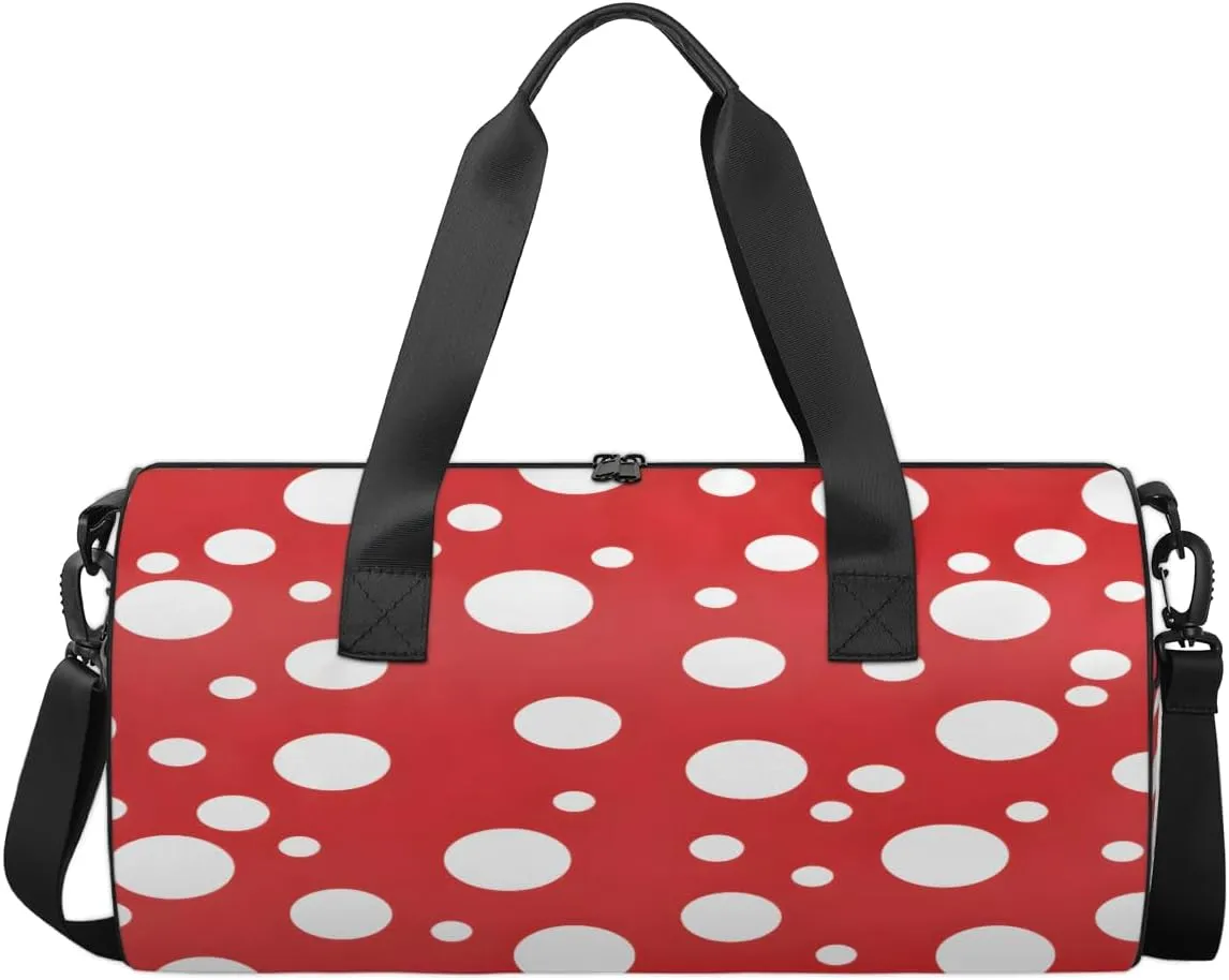 Red White Dot Pattern Sports Duffel Bag with Shoulder Strap, Large Capacity Gym Bag with Shoe Compartment, Water Resistant Travel Duffle Bag for Men Women Travel, Sports (17.6x9x9 Inch)