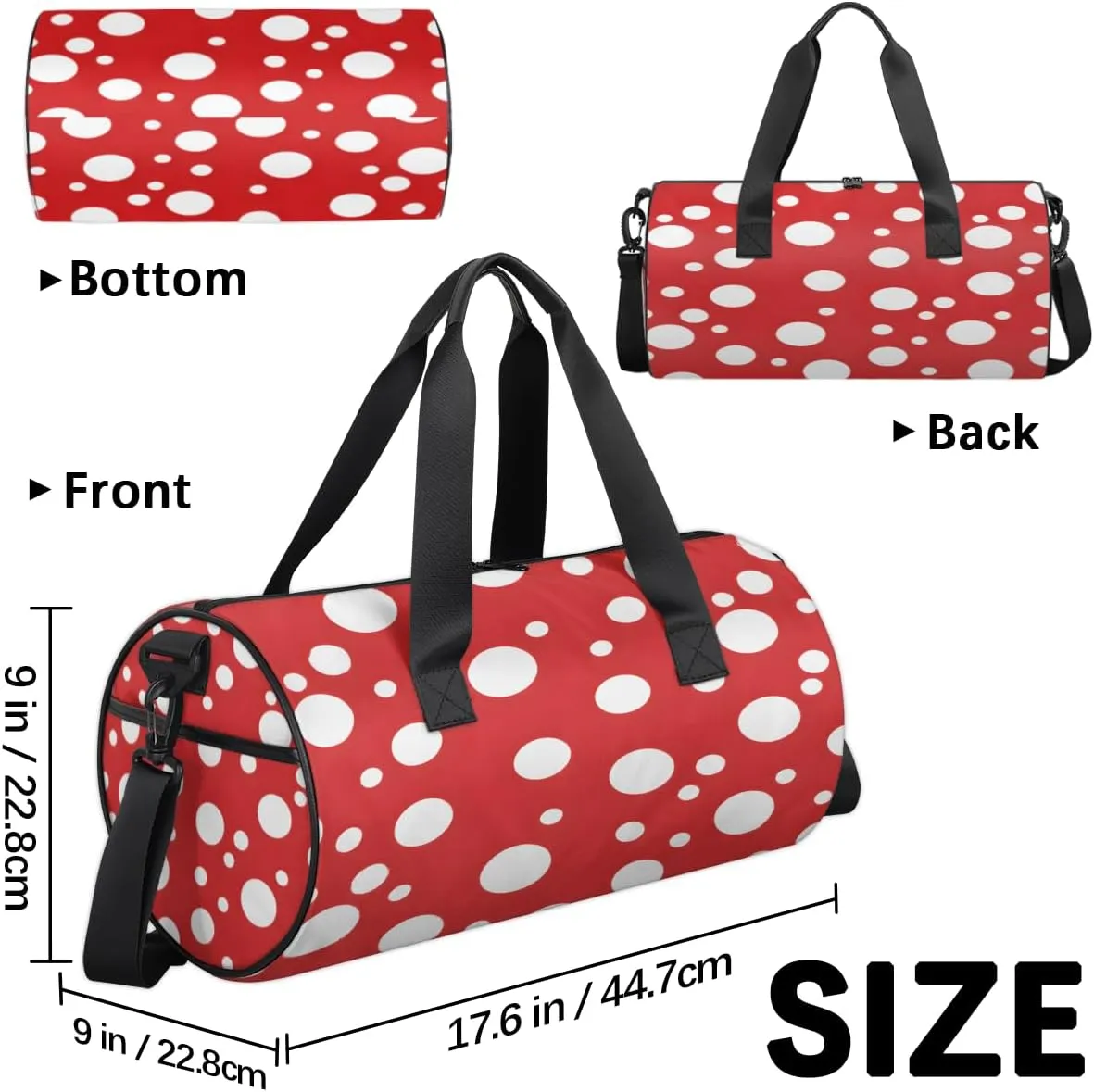 Red White Dot Pattern Sports Duffel Bag with Shoulder Strap, Large Capacity Gym Bag with Shoe Compartment, Water Resistant Travel Duffle Bag for Men Women Travel, Sports (17.6x9x9 Inch)
