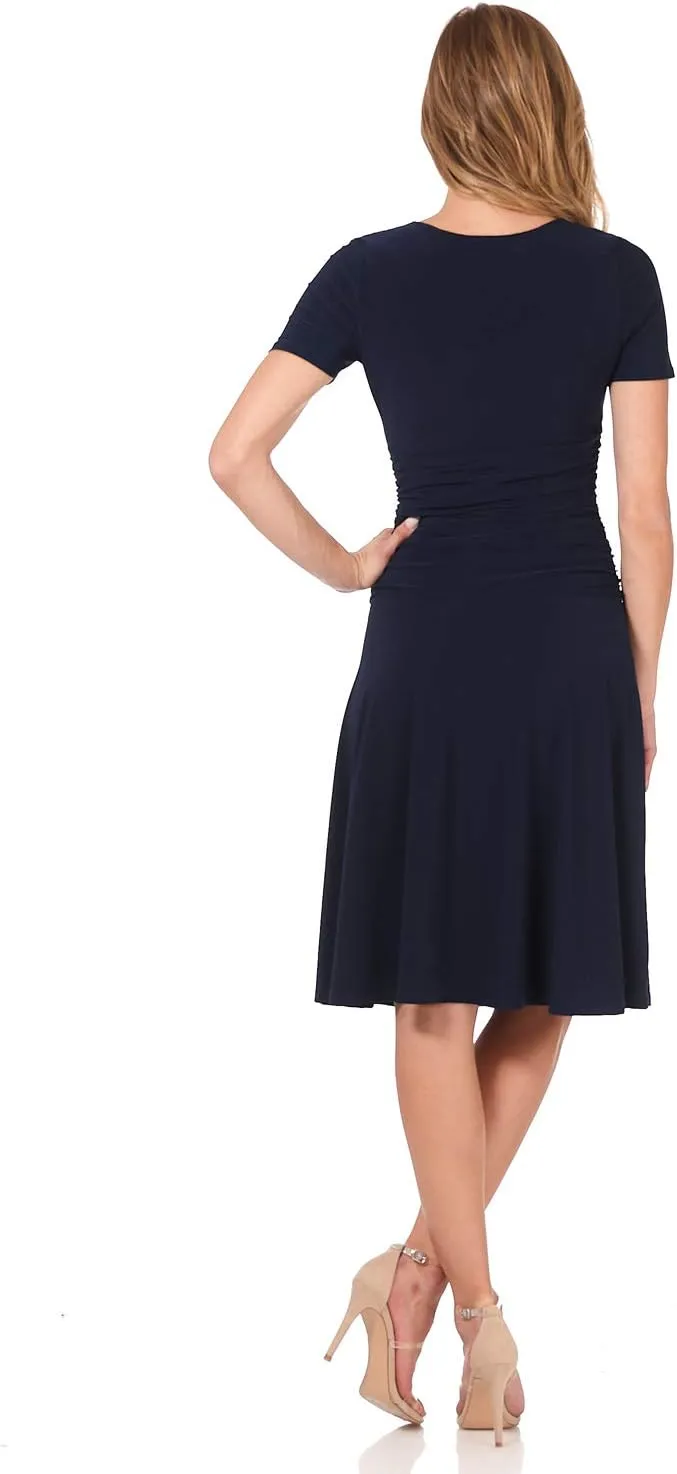 Rekucci Women's Slimming Short Sleeve Fit-N-Flare Crossover Tummy Control Dress