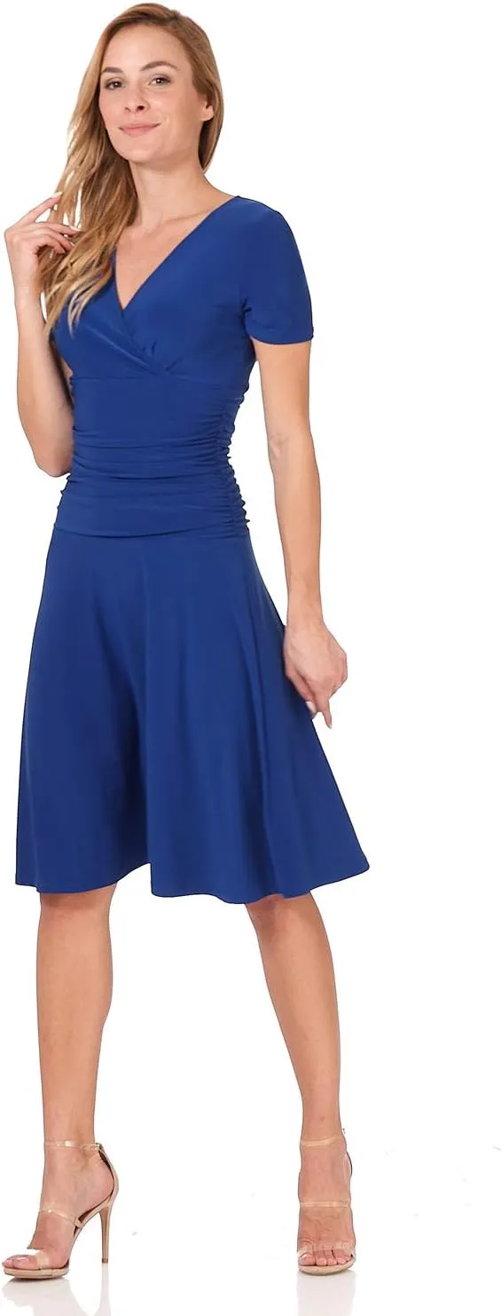 Rekucci Women's Slimming Short Sleeve Fit-N-Flare Crossover Tummy Control Dress