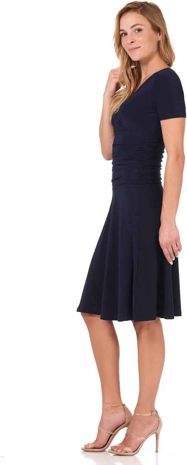 Rekucci Women's Slimming Short Sleeve Fit-N-Flare Crossover Tummy Control Dress